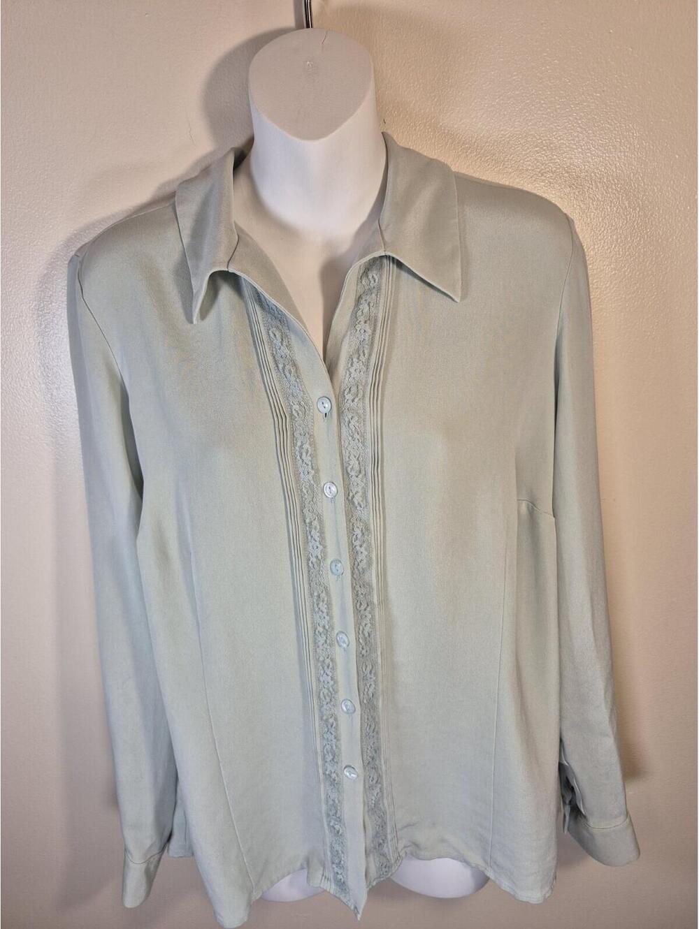 Jones New York Silk Floral Lace LS Button Up Top Womens 16 Sage Quiet Luxury